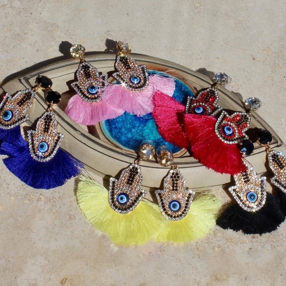 NEW! Boho Fringe Tassel Evil Eye Hamsa Hand Crystal Drop Earrings - Picture 6 of 9